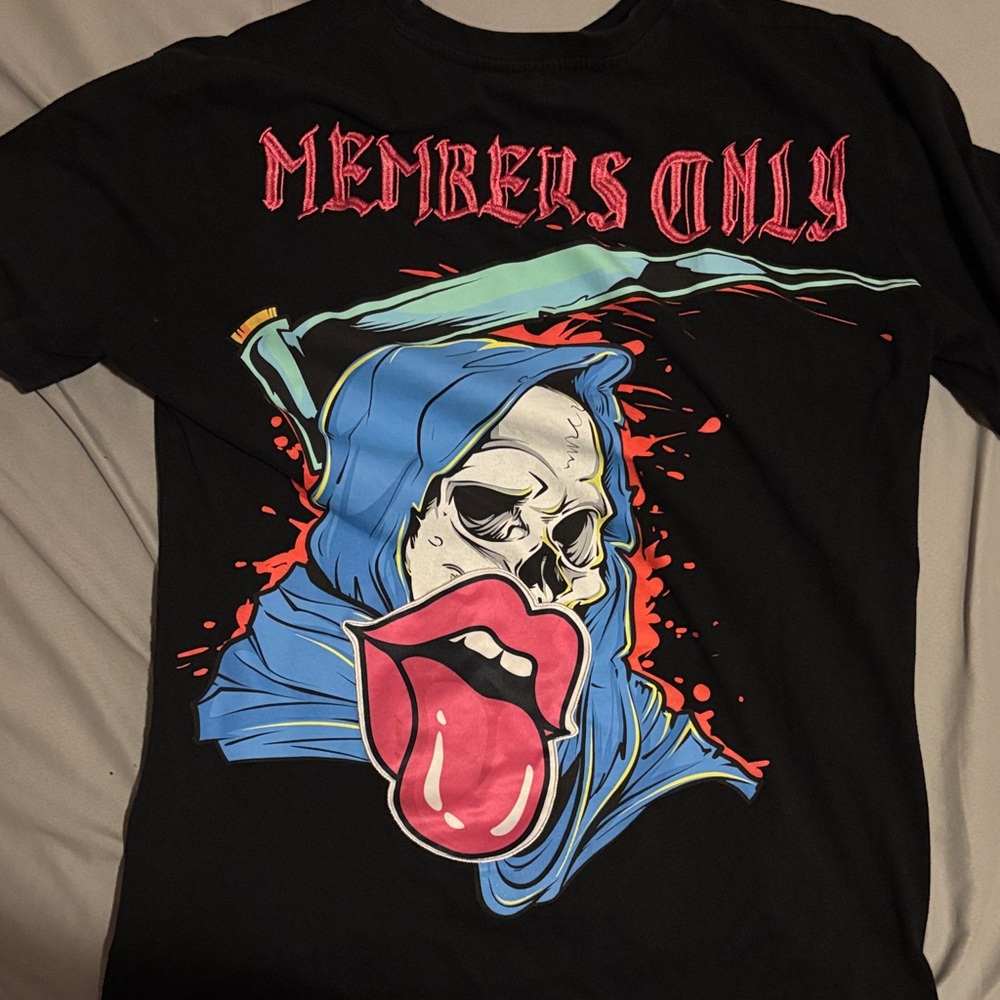Members Only Black Tee with Vibrant Skull Design